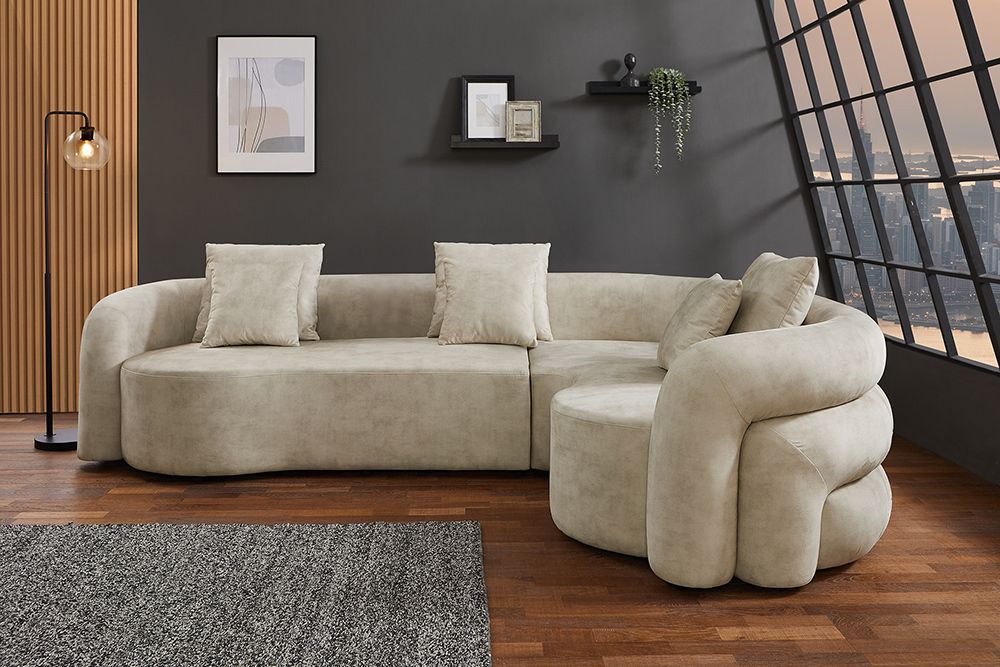 Retro Wohnlandschaft VOGUE 290cm beige Samt XXL-Sofa organische Form inkl. Kissen