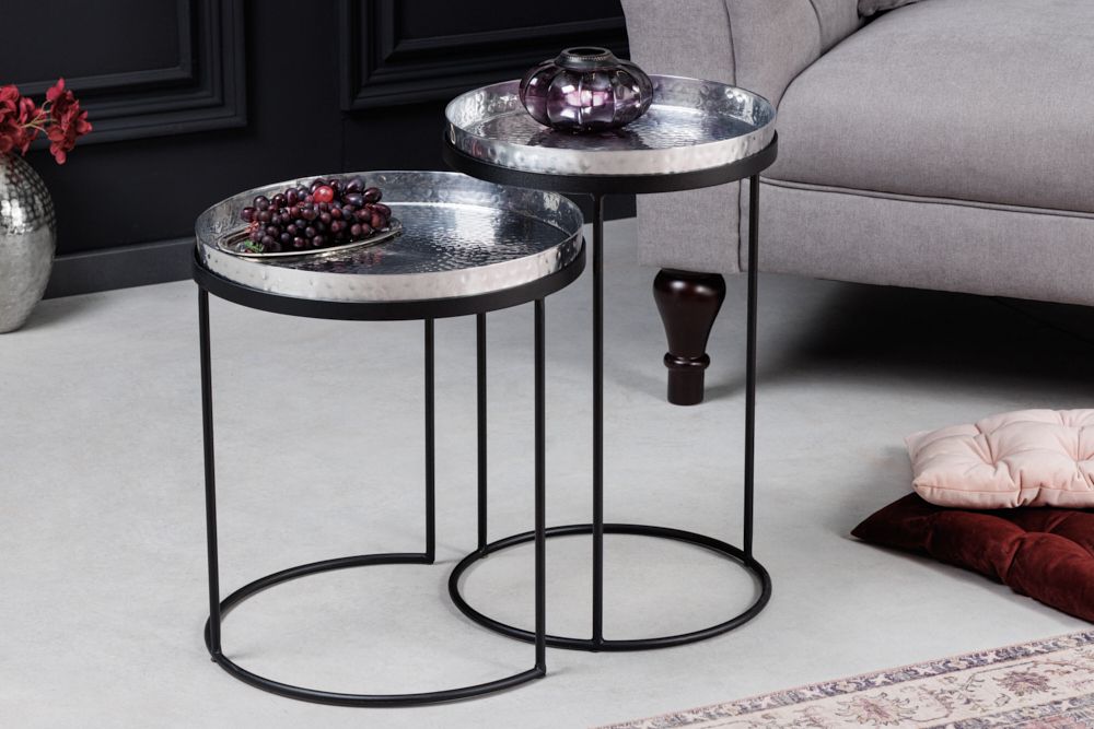 Design 2er Set Beistelltisch ELEMENTS 55cm silber Hammerschlag handmade rund