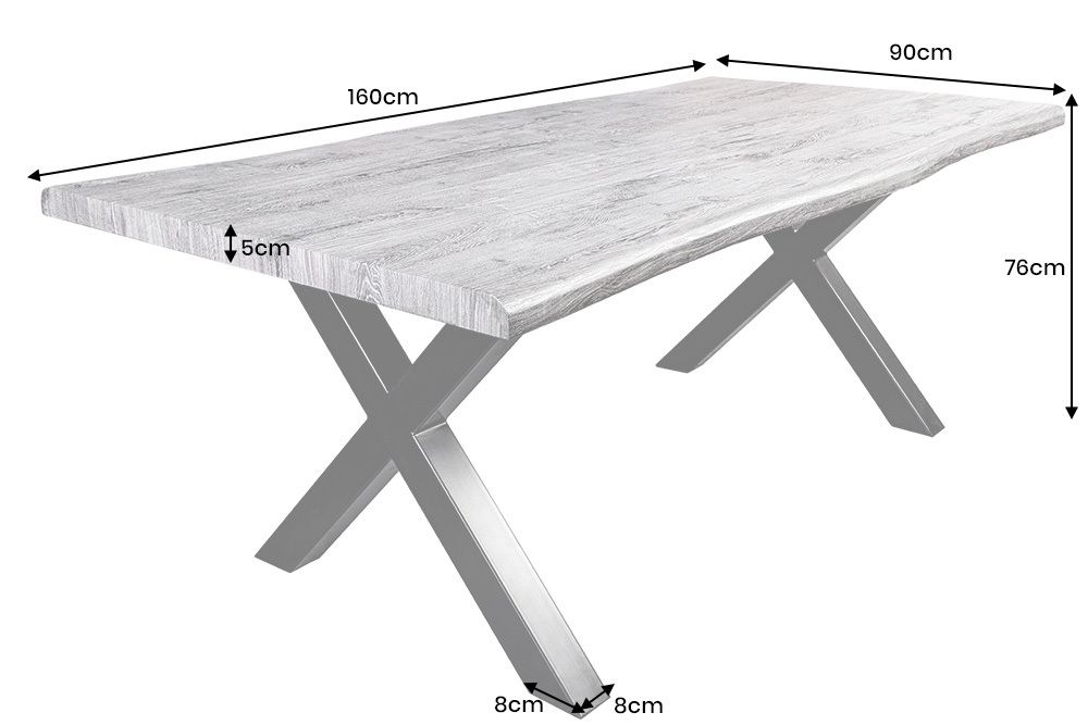 Industrial Esstisch WILD 160cm grau gekälkt Wildeiche-Design Baumkante schwarz  X-Gestell
