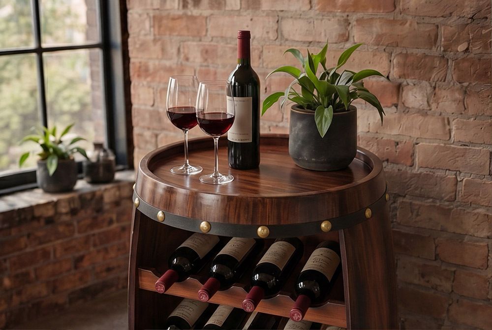 Massives Weinregal BODEGA 80cm coffee braun Pinie Fass-Bartisch für 23 Flaschen