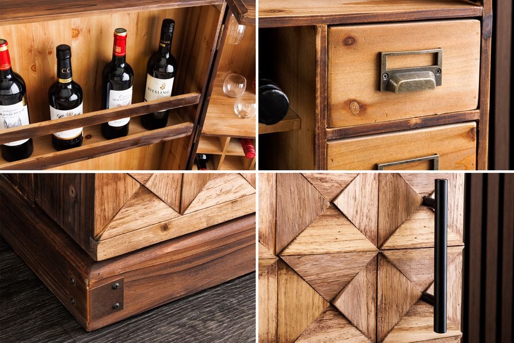 Design Barschrank BODEGA 90cm natur Pinienholz Weinregal Glashalter Schubladen