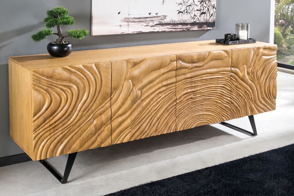 Massives Sideboard FLUID 175cm creme Mangoholz 3D-Design Kufengestell