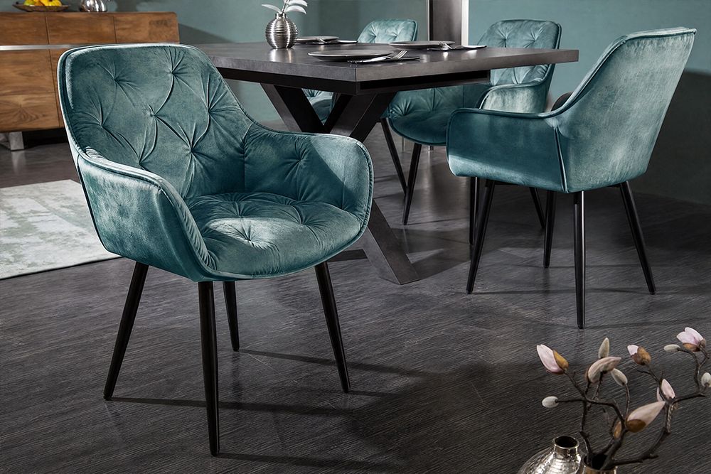 Design Stuhl MILANO petrol Samt mit Armlehne Ziersteppung gepolstert schwarze Metallbeine