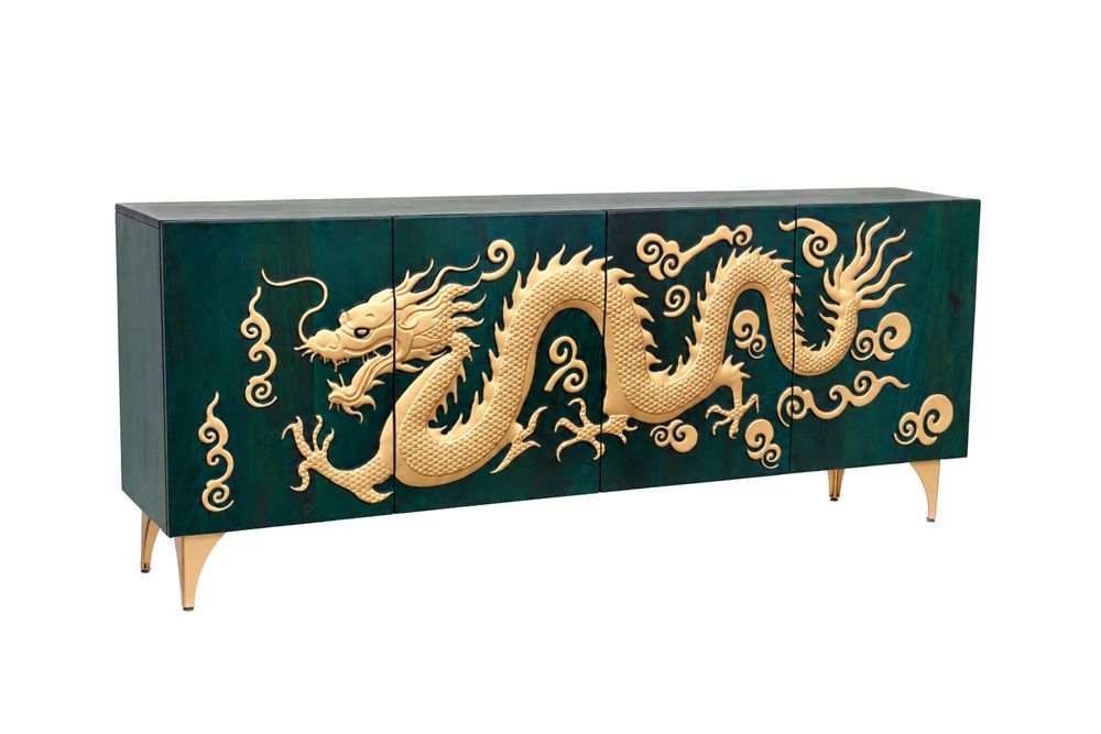 Massives Sideboard DRAGON 180cm türkis gold Mangoholz Metall 3D-Front handmade