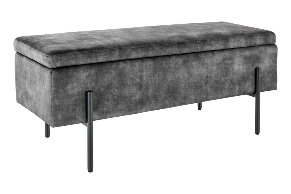 Moderne Truhenbank LOFT 100cm grau Samt Sitzbank mit Stauraum gespolstert schwarz Metall