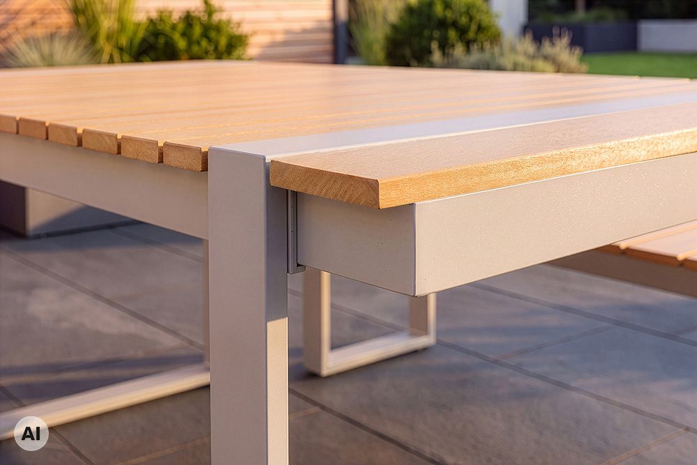 Wetterfester Gartentisch TAMPA LOUNGE 125cm greige natur Aluminium Metall Holz-Design Outdoor