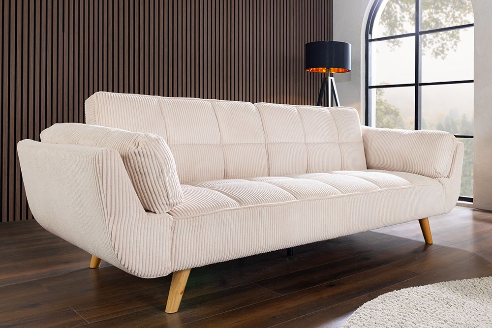 Schlafsofa BOUTIQUE 215cm beige Cord 3-Sitzer mit Holz-Füßen natur