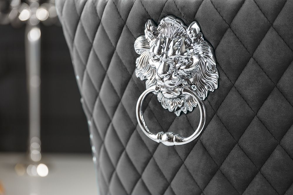 Eleganter Stuhl CASTLE DELUXE grau Samt Löwenkopf Chesterfield Design Esszimmerstuhl Nieten