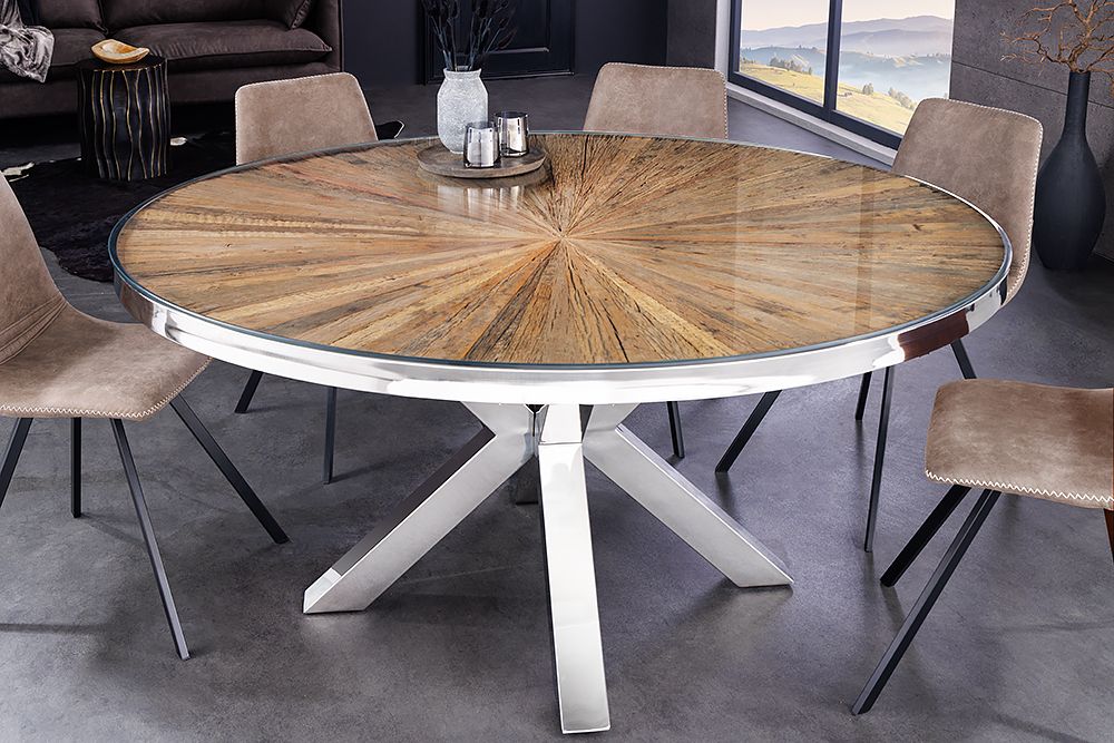 Runder Esstisch BARRACUDA 120cm braun Teak Massivholz Glasplatte silber Edelstahl verchromt