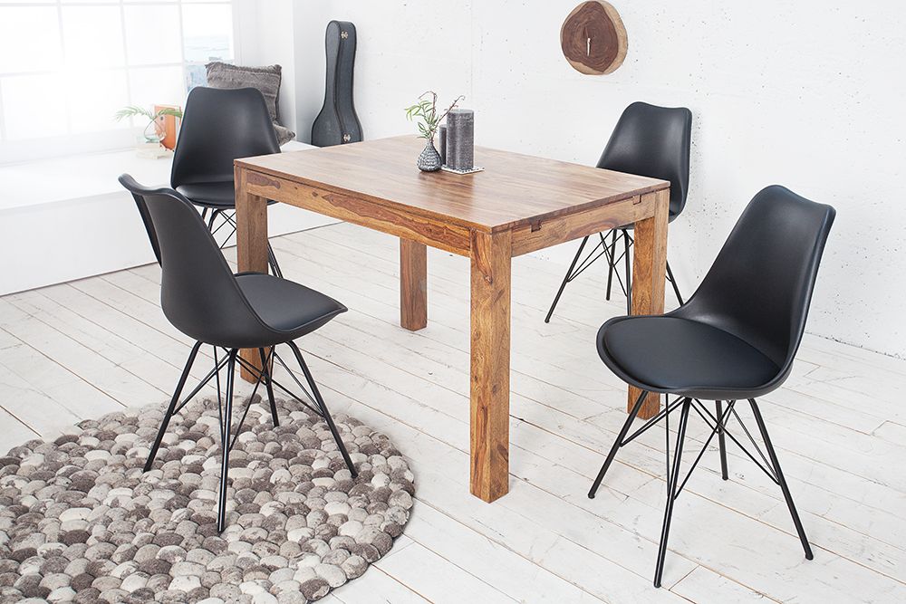Massiver Holz Esstisch PURE 120-200cm braun Sheesham stone finish mit Ansteckplatten
