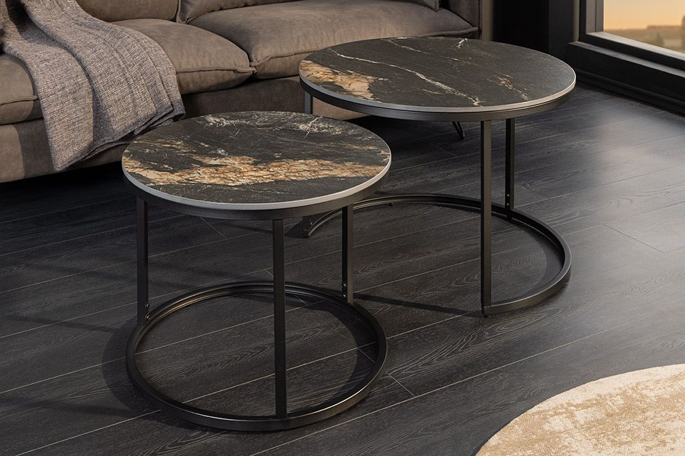 Rundes 2er Set Couchtische ELEGANCE 75cm schwarz gold sand Aurora Oro Keramik