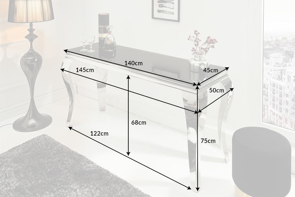Eleganter Konsolentisch MODERN BAROCK 145cm schwarz Opalglas Edelstahlbeine