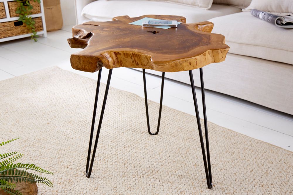 Einzigartiger Beistelltisch WILD 50cm Teak Massivholz Baumscheibe Metallbeine schwarz