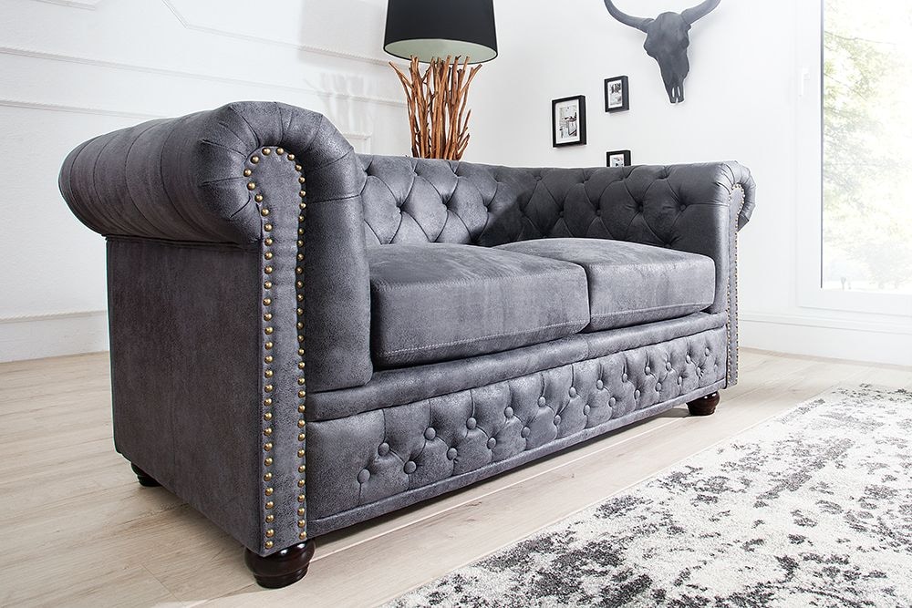 Chesterfield 2-Sitzer Sofa 150cm antik grau Microfaser Federkern Knopfheftung