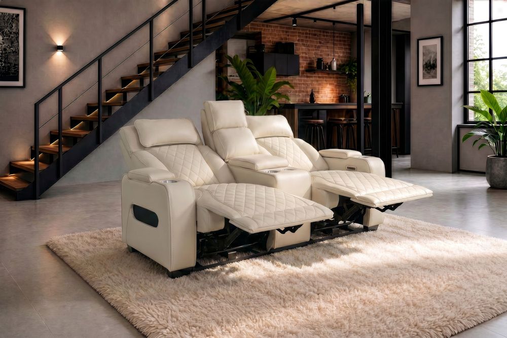 Elektrischer 2er Kinosessel HOLLYWOOD beige Kunstleder Relaxfunktion Getränkehalter