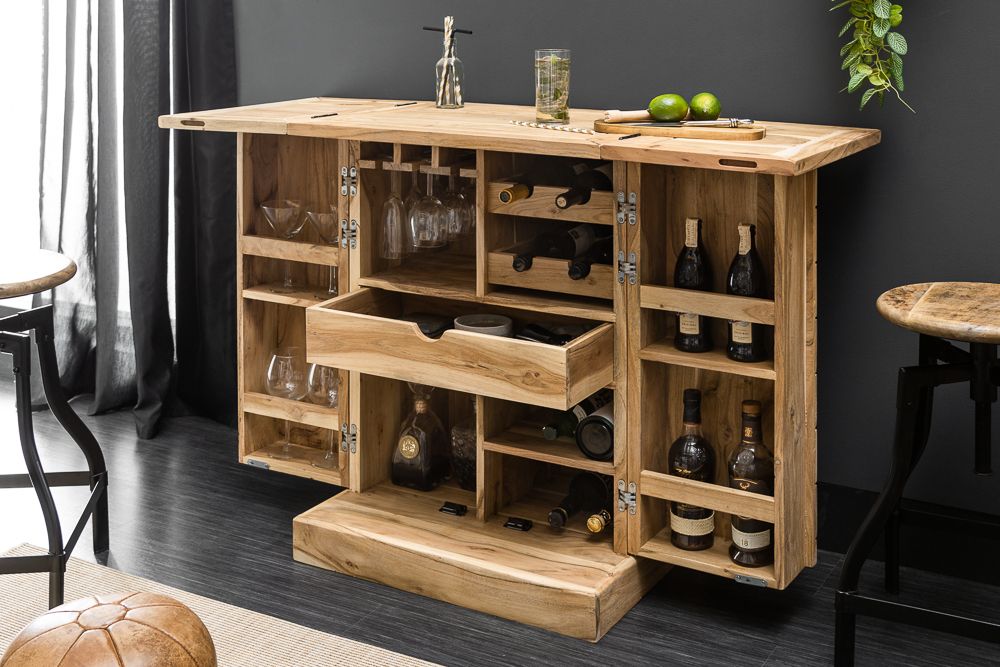 Handgearbeiteter Barschrank MOSAICO 130cm Akazie Massivholz 3D Effekt