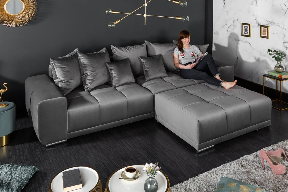 Big Sofa ELEGANCIA 285cm silbergrau Samt XXL Couch inkl. Kissen Federkern