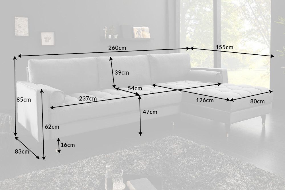 Elegantes Ecksofa COZY VELVET 260cm grau Samt Federkern 3-Sitzer