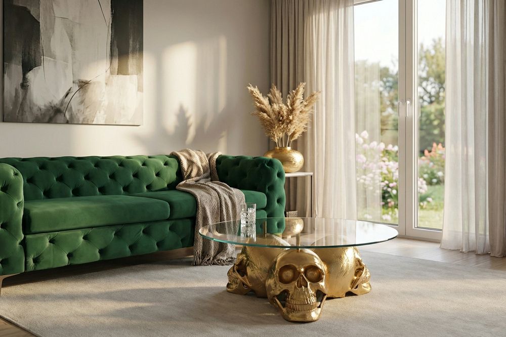Design Couchtisch SKULL XXL 90cm gold rund Glasplatte Metall Totenkopf handmade