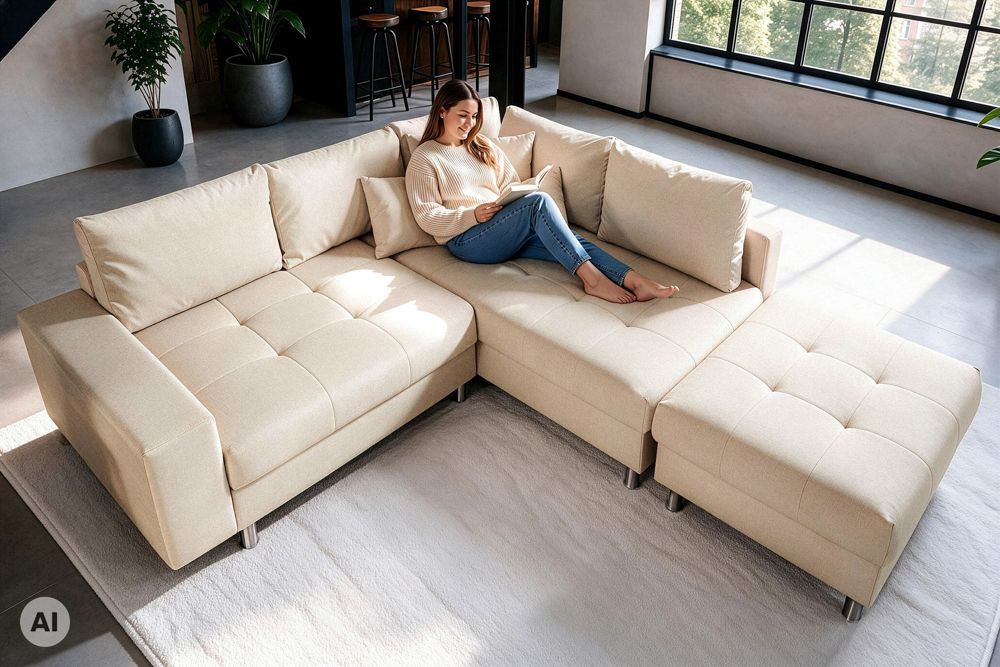 Moderne Wohnlandschaft KENT 220cm champagner beige Vogue Velours Samt Federkern mit Hocker