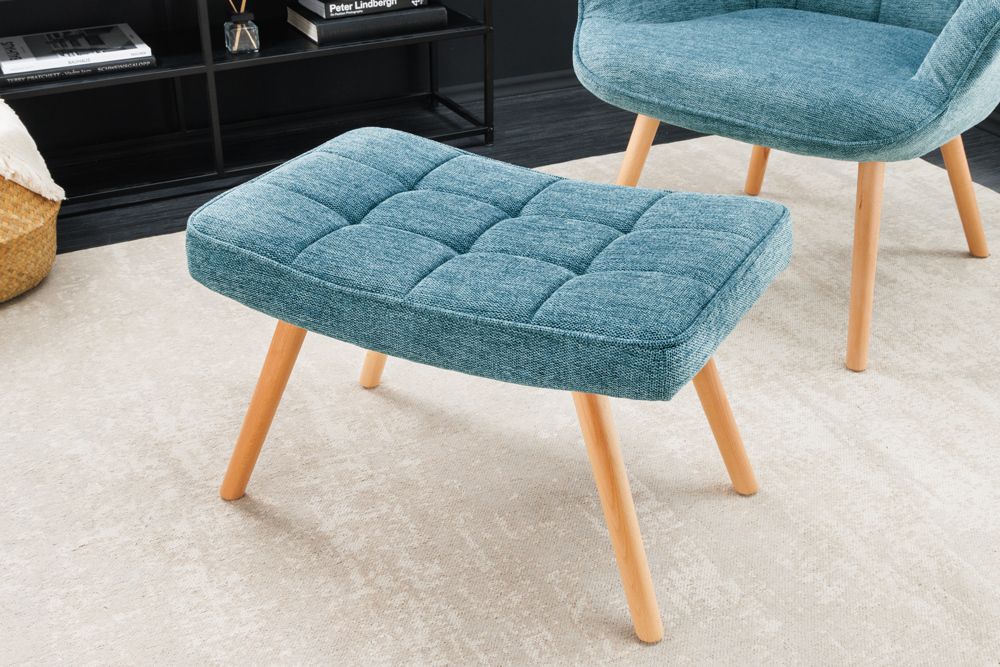 Moderner Hocker SCANDINAVIA blau Strukturstoff Massivholz-Beine Fußhocker