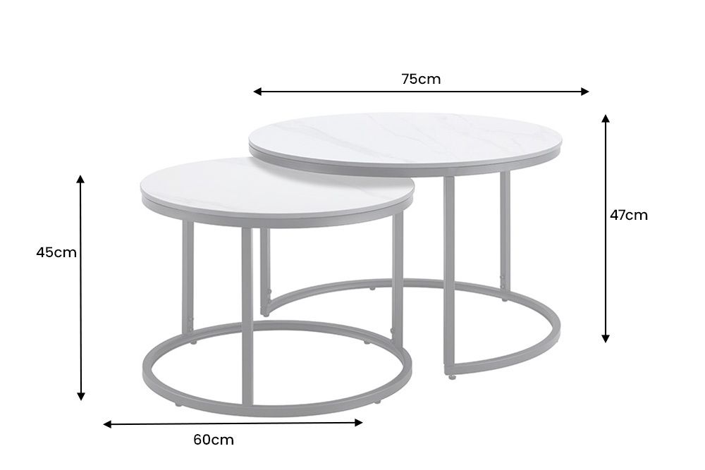 Rundes 2er Set Couchtische ELEGANCE 75cm weiß Keramik schwarz Metall