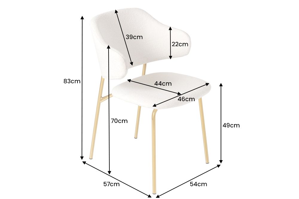 Design Stuhl VOGUE weiß Bouclé goldene Metallbeine