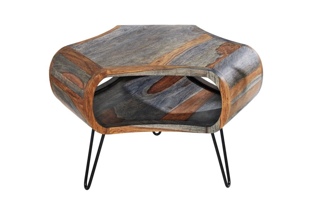 Retro Couchtisch ORGANIC LIVING 70cm grau Sheesham Massivholz mit Stauraum Hairpin Legs