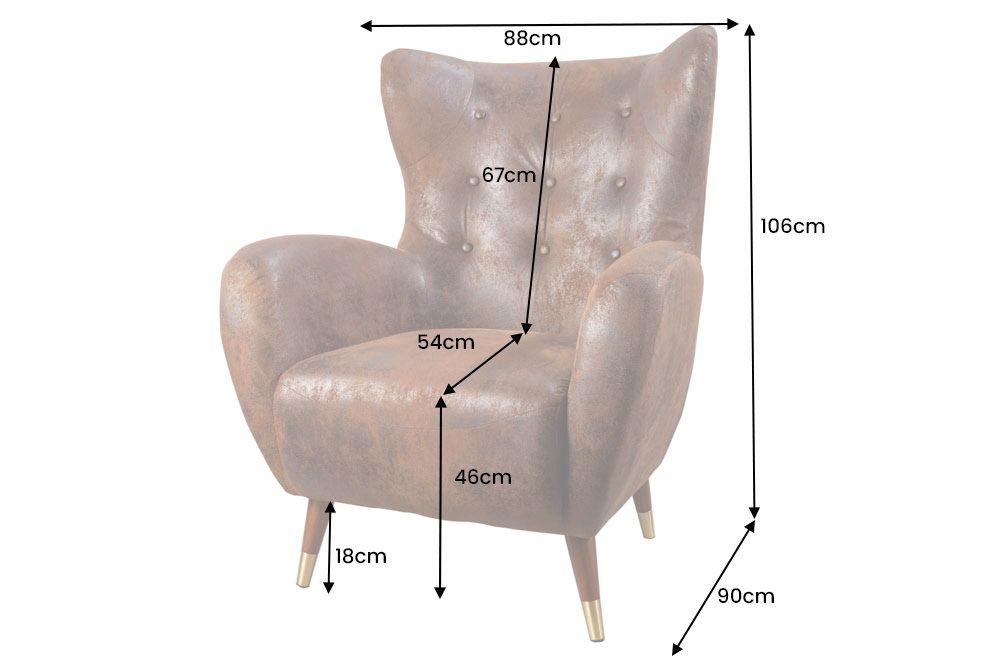 Retro Design Sessel DON antik braun goldene Fußkappen mit Federkern