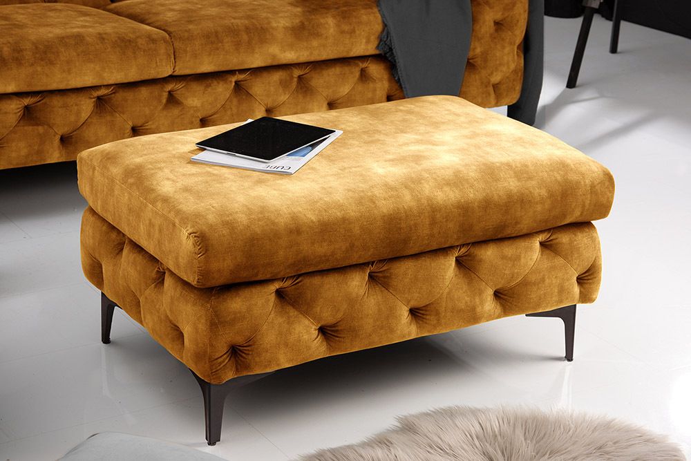 Chesterfield Hocker MODERN BAROCK 90cm senfgelb Samt Sitzhocker Fußhocker
