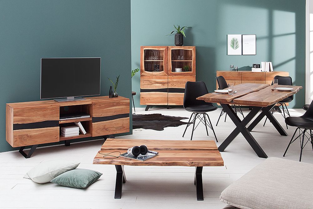 Massivholz Sideboard AMAZONAS 150cm Akazie natur Metall schwarz Baumkante