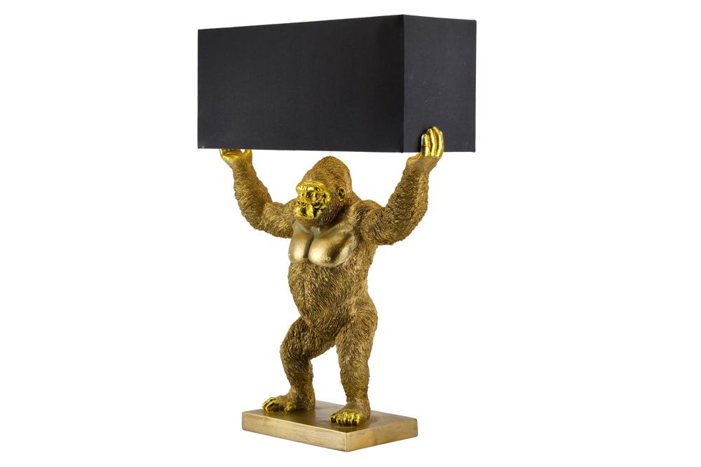 Handgefertigte Tischlampe KING APE 70cm schwarz gold Stoffschirm Affen-Skulptur