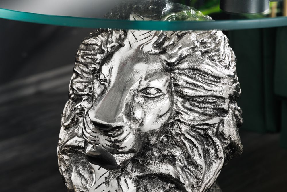 Runder Beistelltisch WILDLIFE LION 60cm silber antik Metall Glas Löwen Skulptur