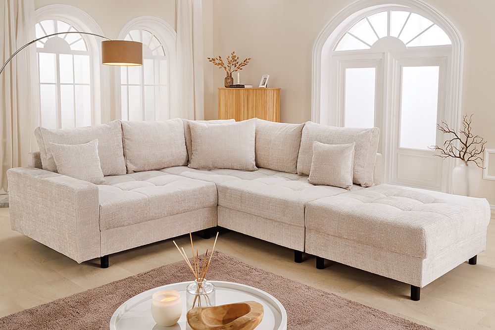 Modernes Ecksofa KENT 220cm champagner beige Chenille Cremona Federkern Wohnlandschaft mit Hocker