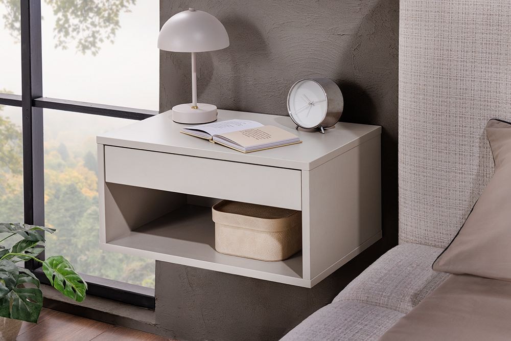 Design Nachttisch COMFORT 50cm weiß hängend mit Schublade und offenem Fach
