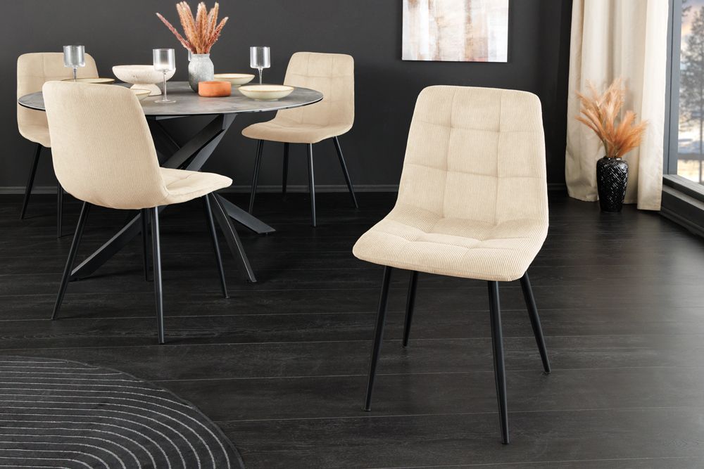 Moderner Design Stuhl TRES CHIC beige Cord schwarze Metallbeine Esszimmer