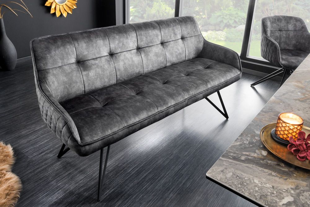 Design Sitzbank EUPHORIA 160cm dunkelgrau Samt Retrostil Ziersteppung Hairpin Legs Metallbeine Armlehnen