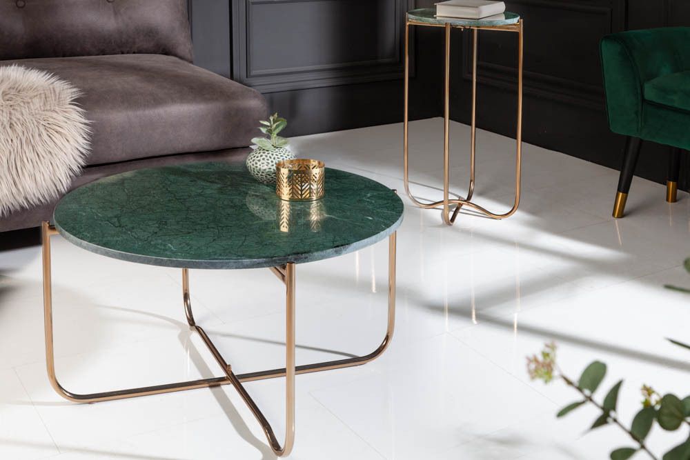 Runder Couchtisch NOBLE 65cm grün Marmor abnehmbare Tischplatte klappbar gold Metall