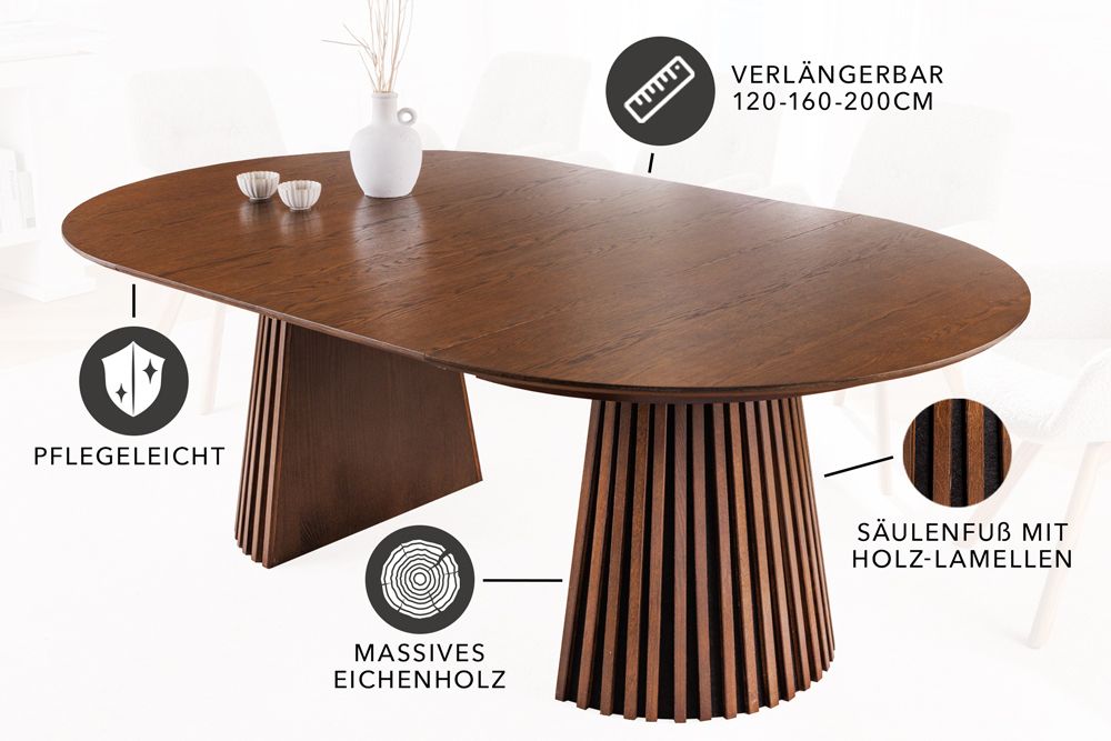 Ausziehbarer Esstisch VALHALLA WOOD 120-160-200cm smoked braun Eichenholz Säulenfuß