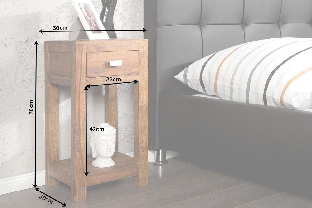 Massivholz Beistelltisch MAKASSAR 70cm braun Sheesham stone finish mit Stauraum