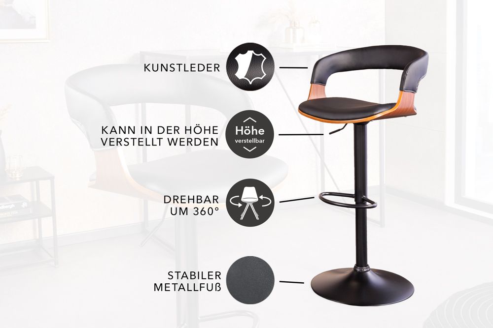 Retro Barhocker MANHATTAN schwarz Kunstleder Walnussholz drehbar höhenverstellbar