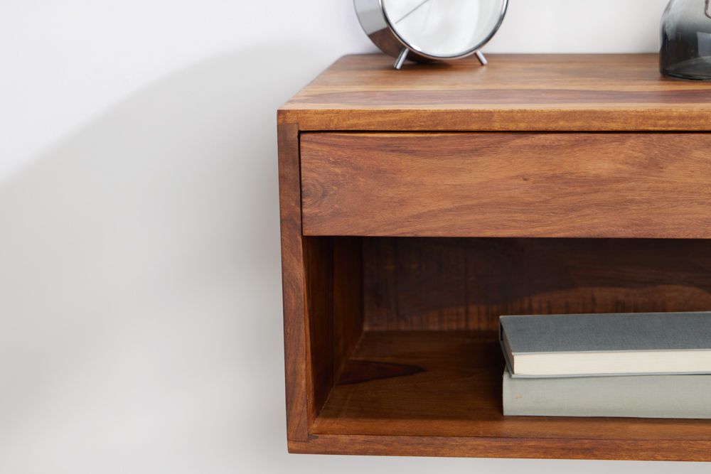 Hängender Nachttisch PURE 50cm braun Sheesham Massivholz stone finish Regal Schublade