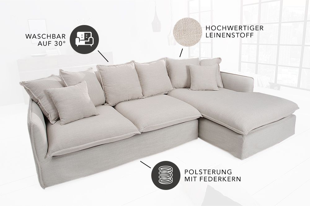 Großes Ecksofa HEAVEN 255cm natur beige Leinenstoff Federkern inkl. Kissen