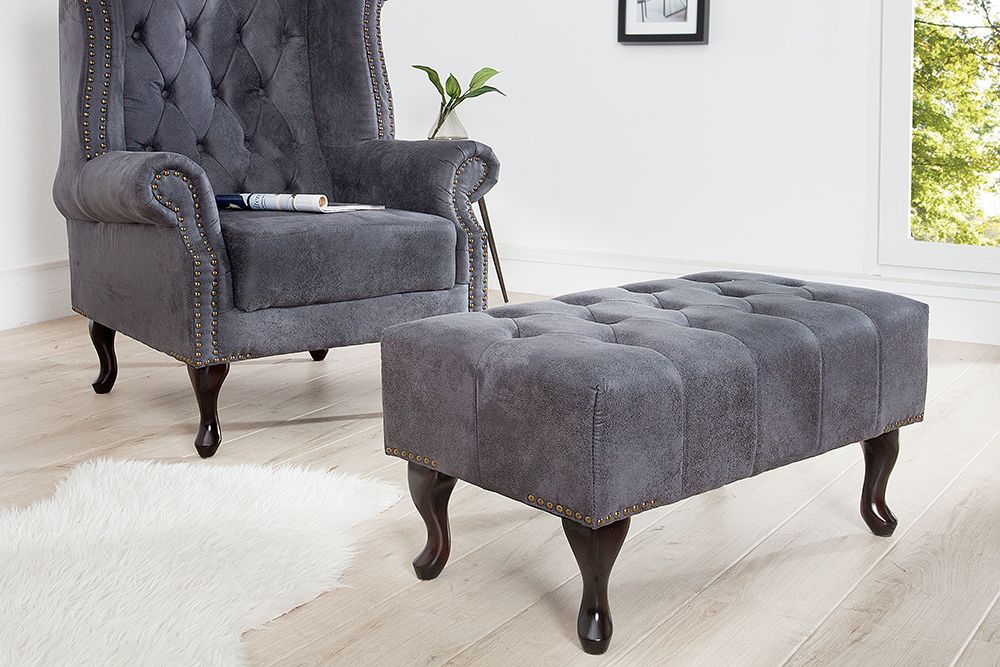 Edler Chesterfield Fußhocker antik grau Microfaser mit Knopfheftung und Nietenbesatz