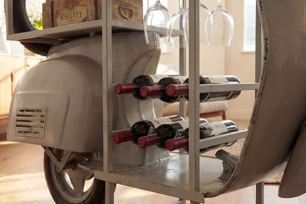 Extravaganter Bartisch SCOOTER 180cm salbei Retro-Konsole Motorroller Mangoholz Upcycling