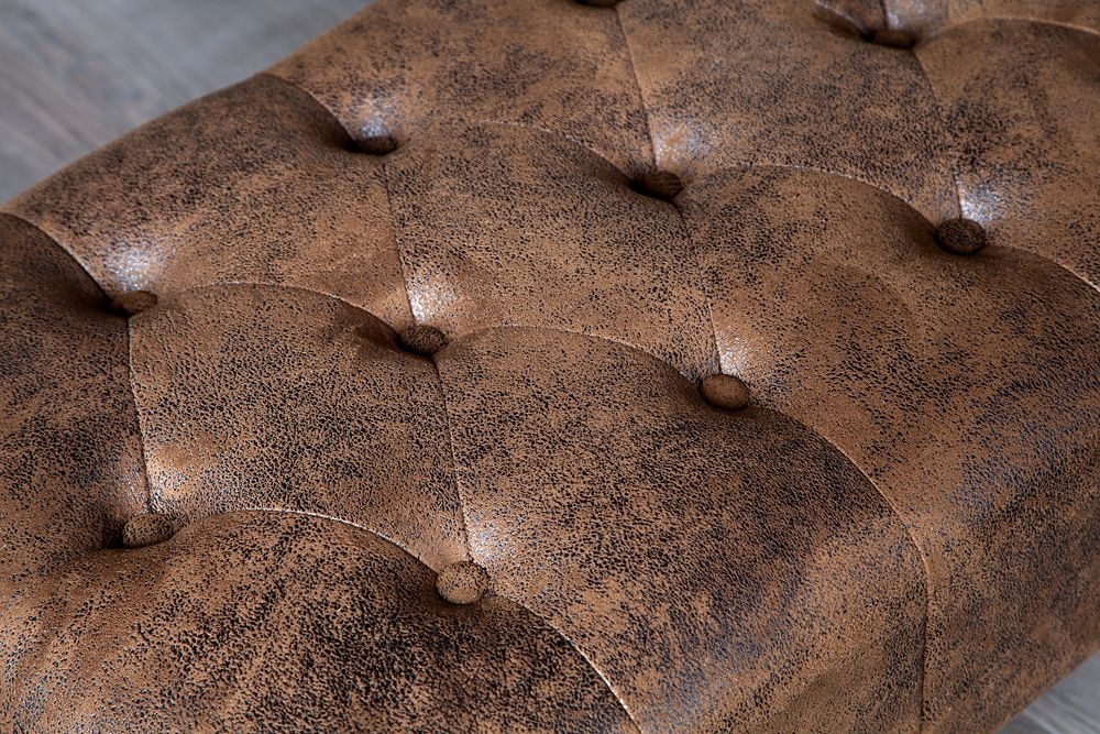 Chesterfield Fußhocker 80cm antik braun mit Knopfheftung und Nietenbesatz