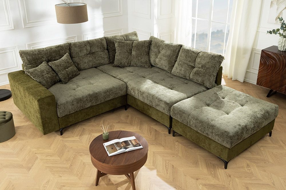Ecksofa KENT 220cm grün Bicolor Chenille Federkern inkl. Hocker und Kissen