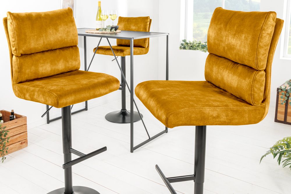 Höhenverstellbarer Barhocker COMFORT senfgelb Samt drehbar mit Lehne Metall schwarz