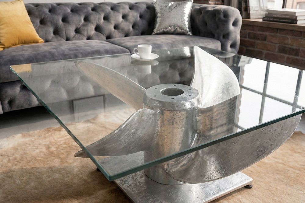 Maritimer Couchtisch OCEAN L 85cm silber antik Schiffsschraube mit Glasplatte