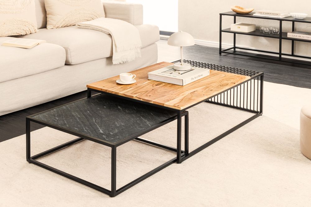2er Set Couchtische ARCHITECTURE 90cm natur Akazienholz schwarz Steinfurnier Metall